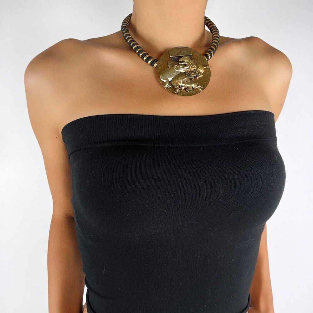 Vintage 90s Black & Gold Chunky Pendant Collar Necklace - Art Deco Jewelry